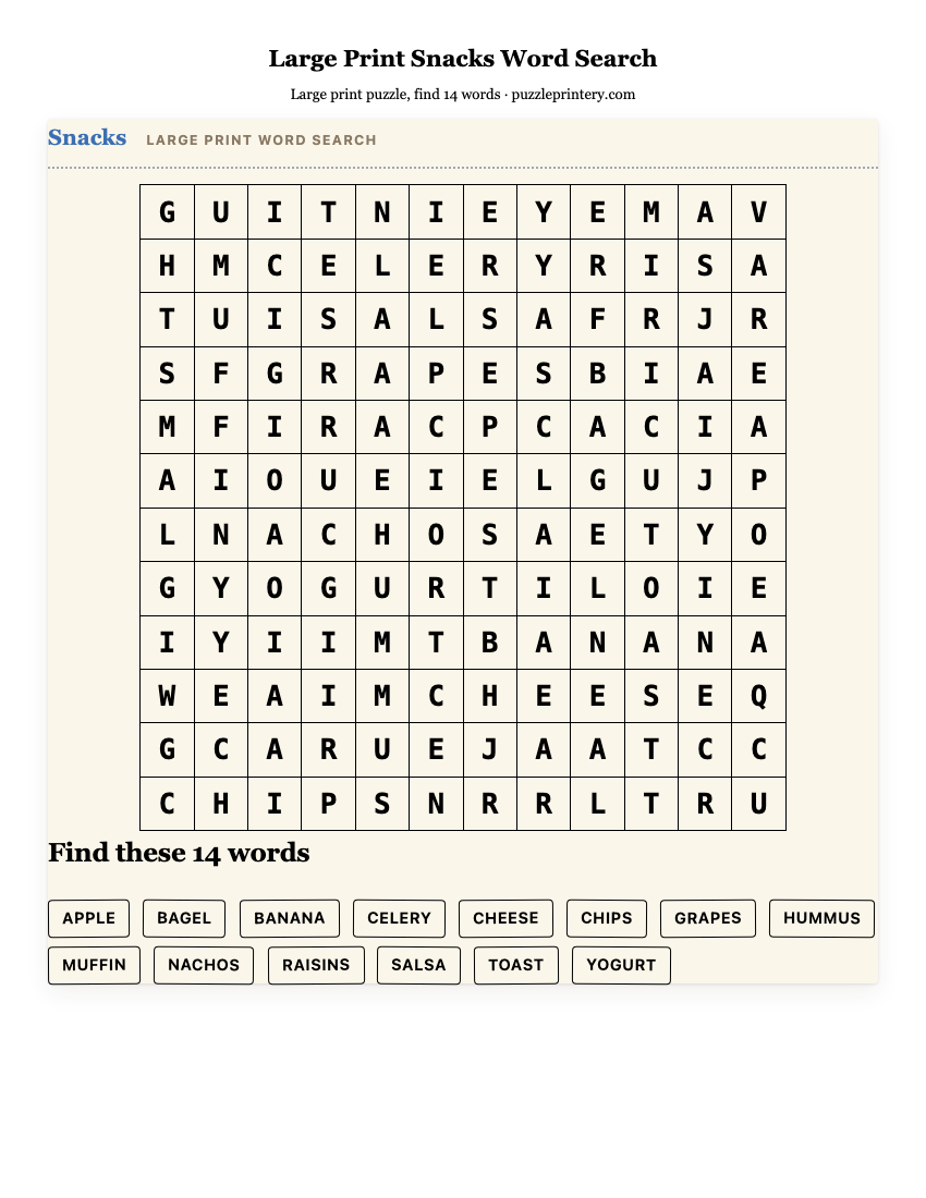 Large Print Snacks Word Search printable preview