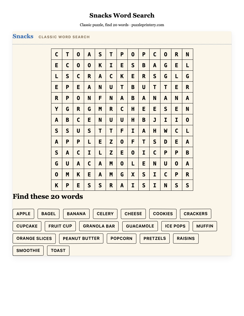 Snacks Word Search printable preview