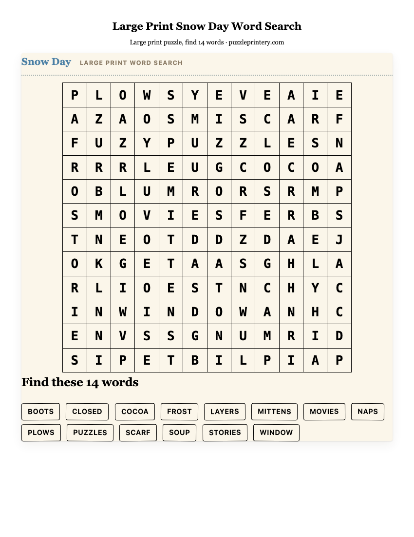 Large Print Snow Day Word Search printable preview