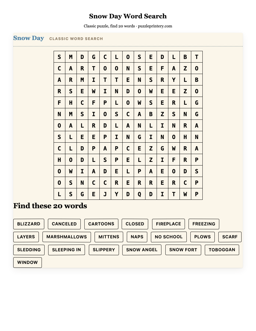 Snow Day Word Search printable preview