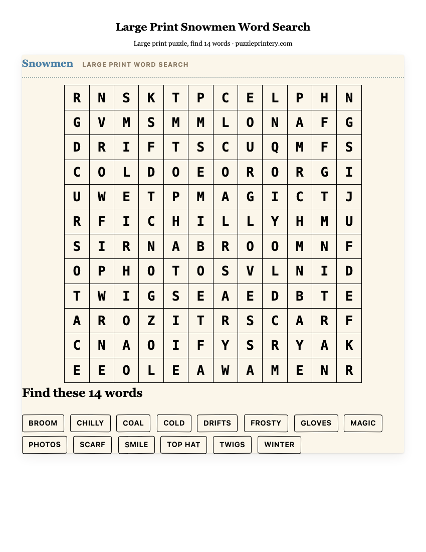 Large Print Snowmen Word Search printable preview