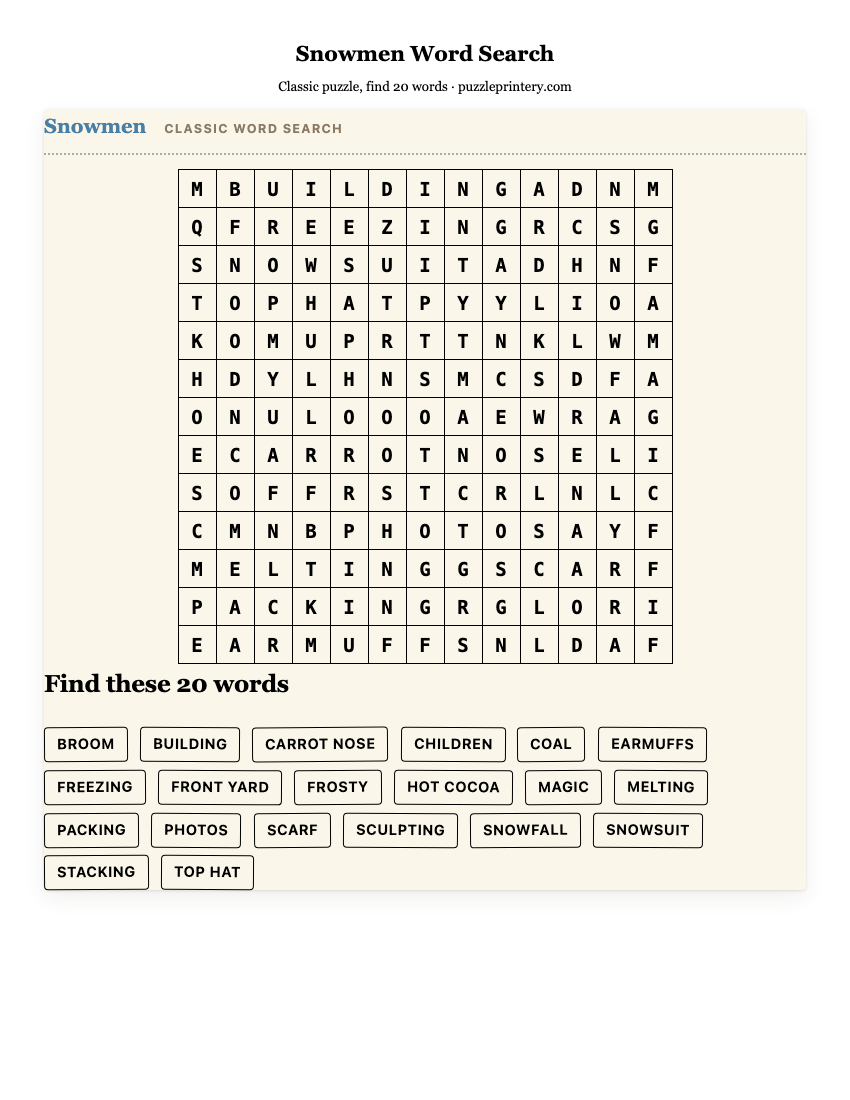 Snowmen Word Search printable preview