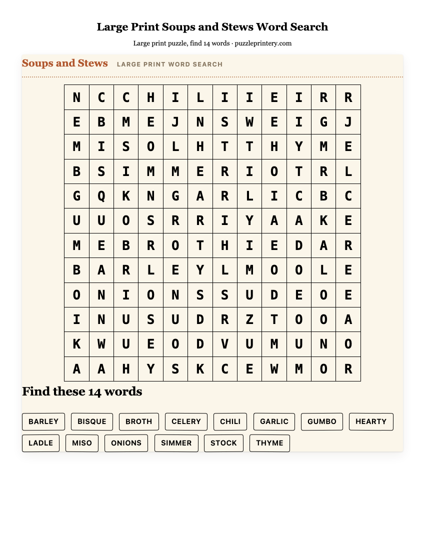 Large Print Soups and Stews Word Search printable preview