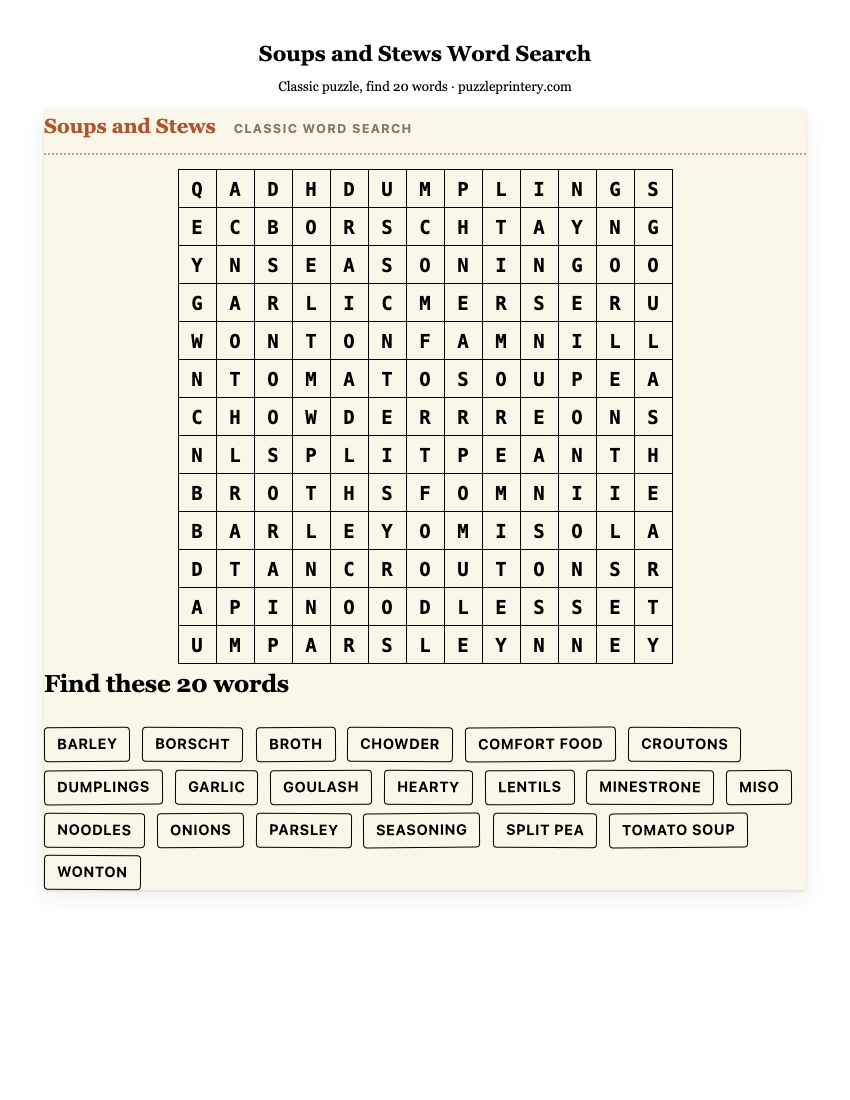 Soups and Stews Word Search printable preview
