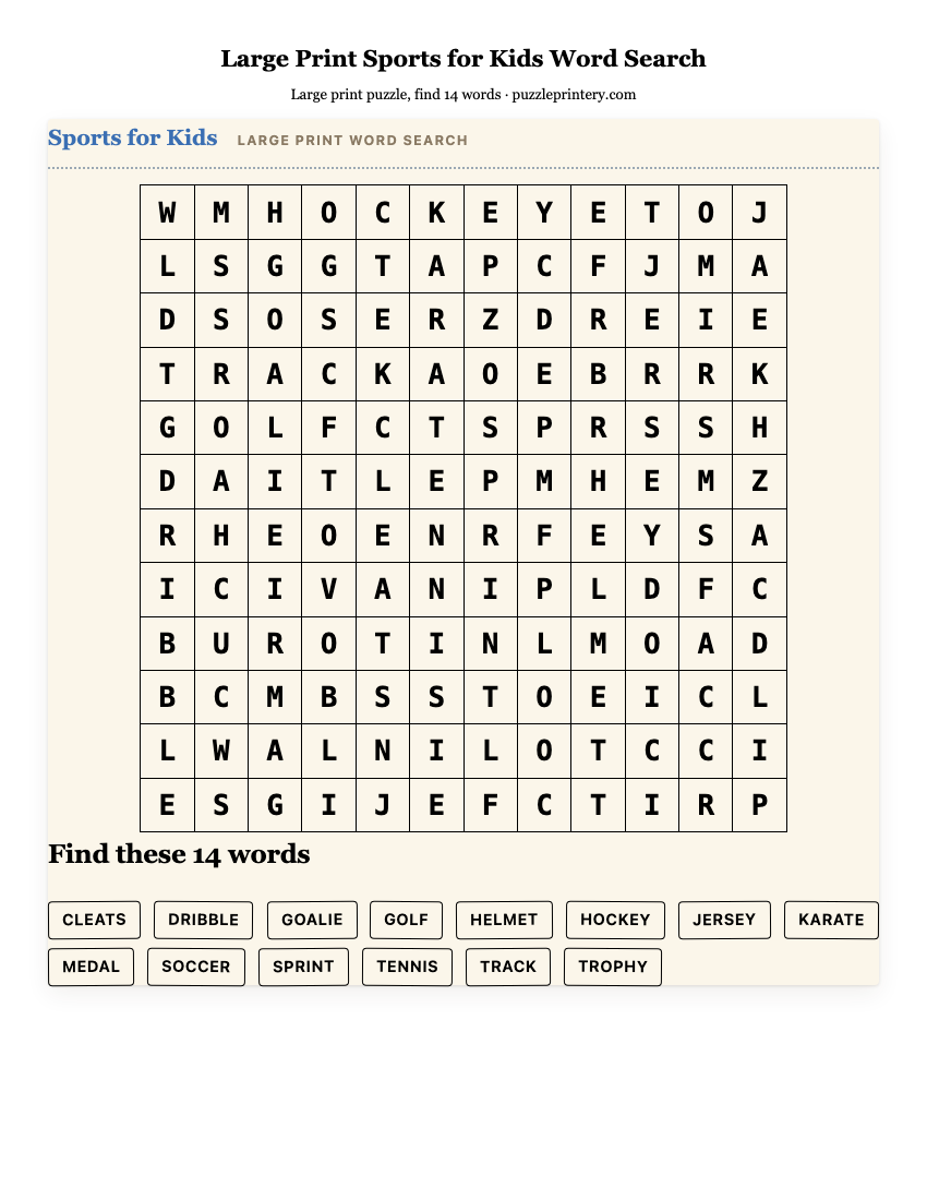 Large Print Sports for Kids Word Search printable preview
