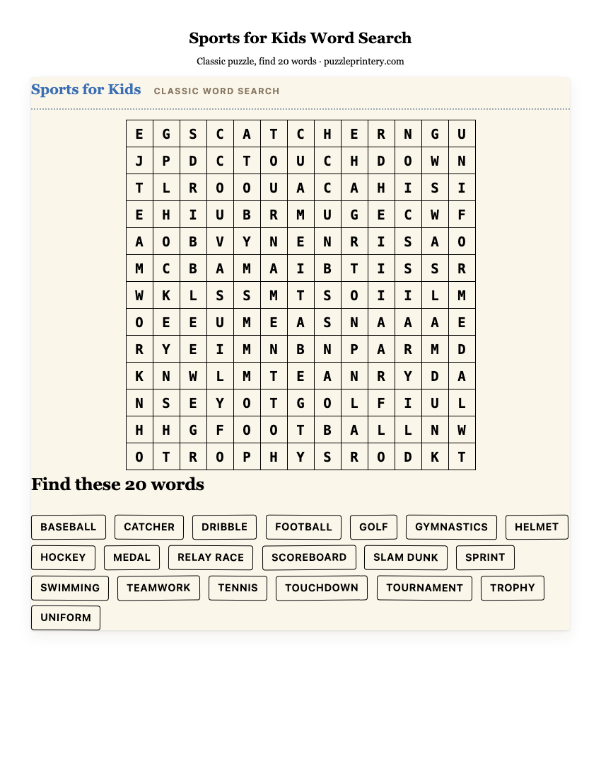 Sports for Kids Word Search printable preview