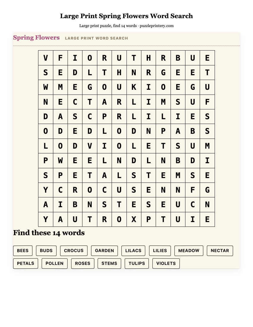 Large Print Spring Flowers Word Search printable preview