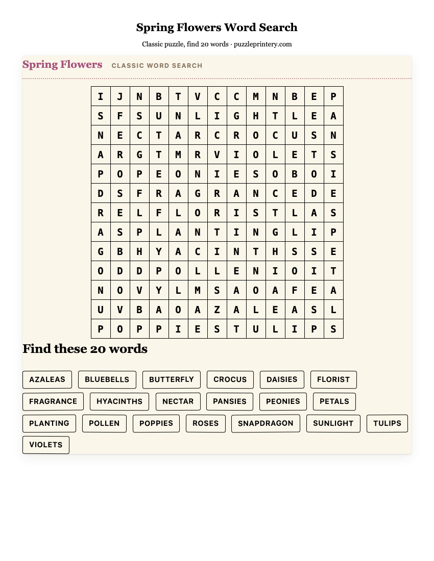 Spring Flowers Word Search printable preview