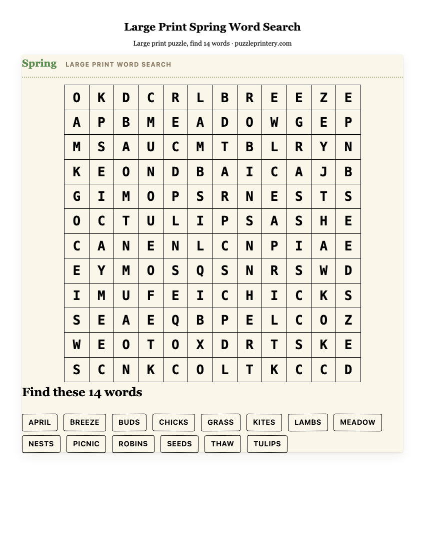 Large Print Spring Word Search printable preview