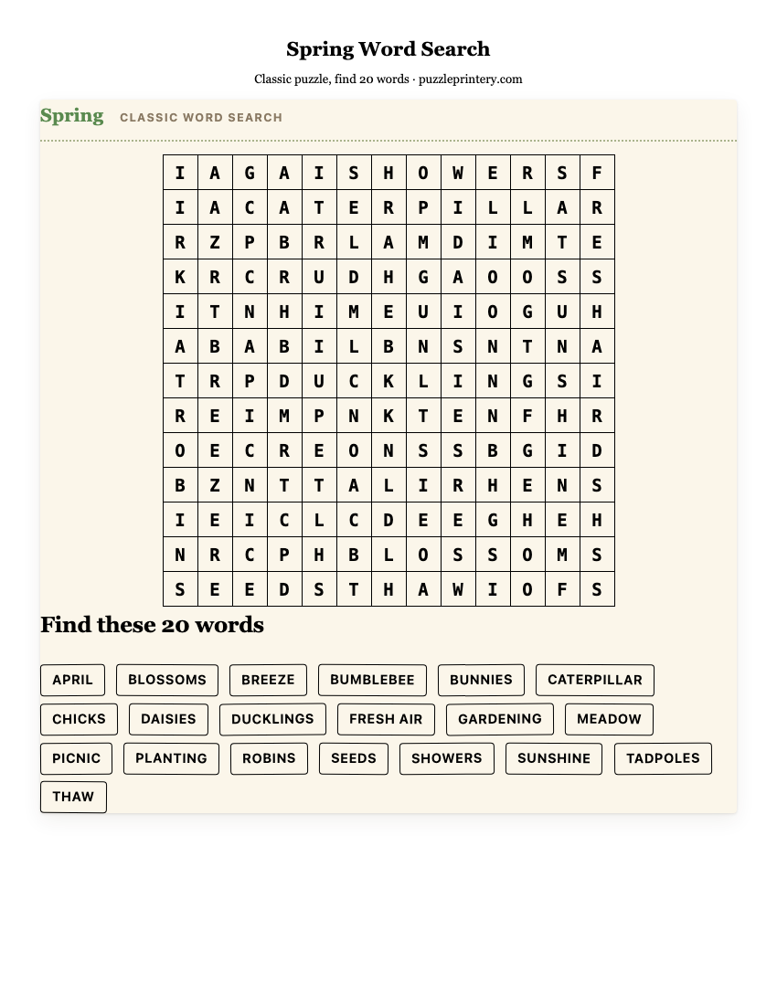 Spring Word Search printable preview