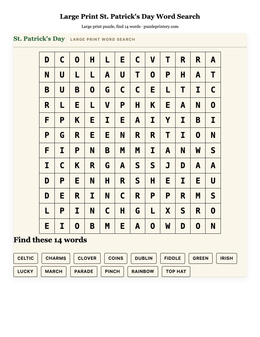 Large Print St. Patrick's Day Word Search printable preview