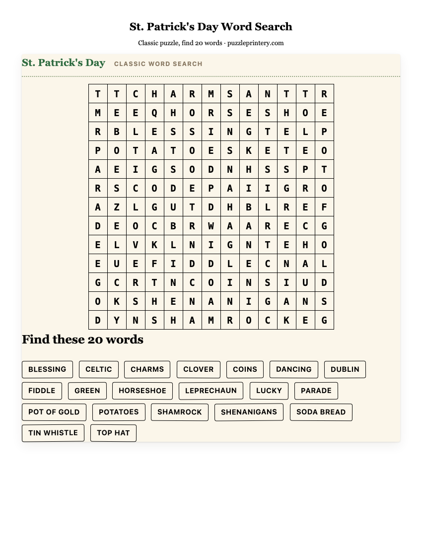 St. Patrick's Day Word Search printable preview