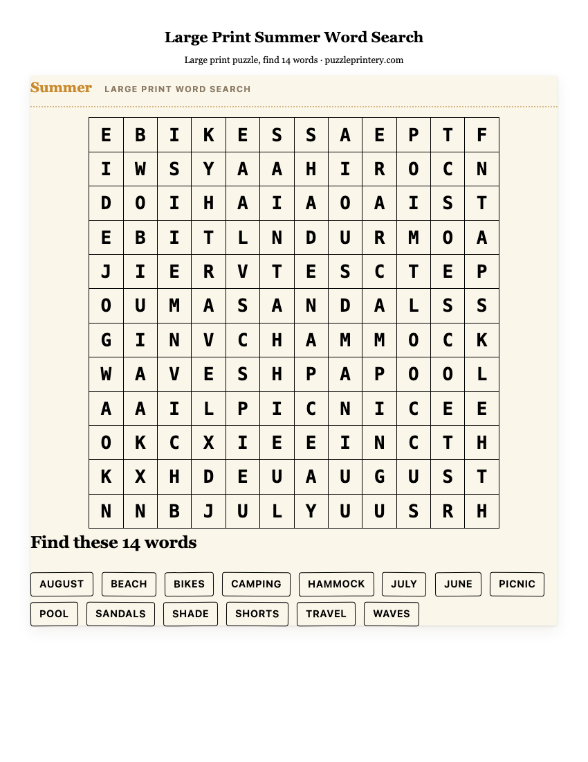 Large Print Summer Word Search printable preview