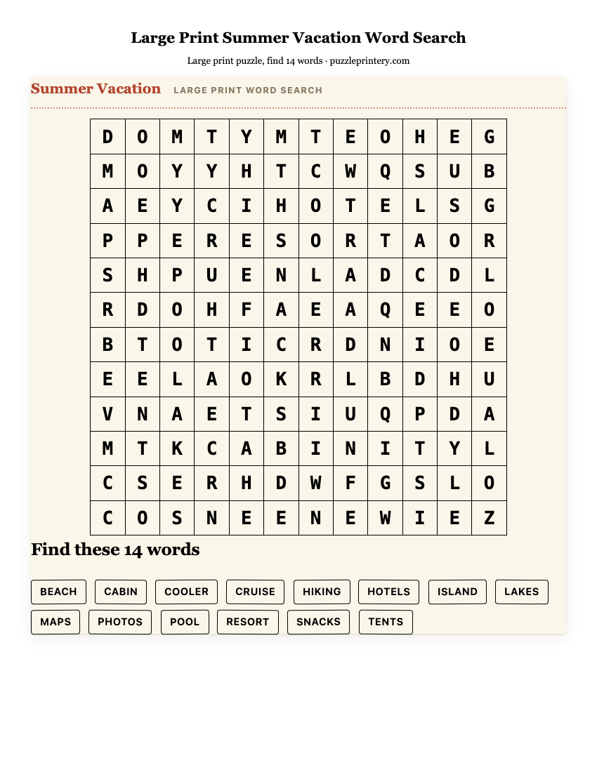 Large Print Summer Vacation Word Search printable preview