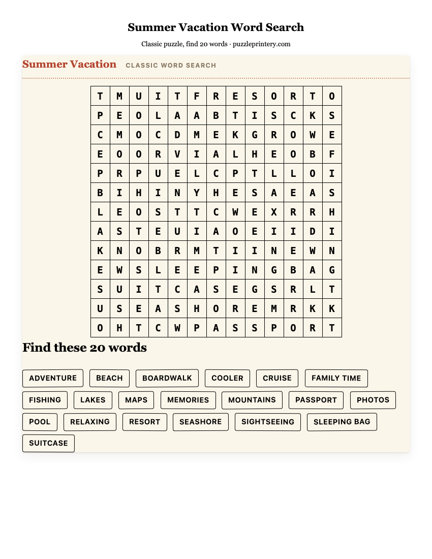 Summer Vacation Word Search printable preview
