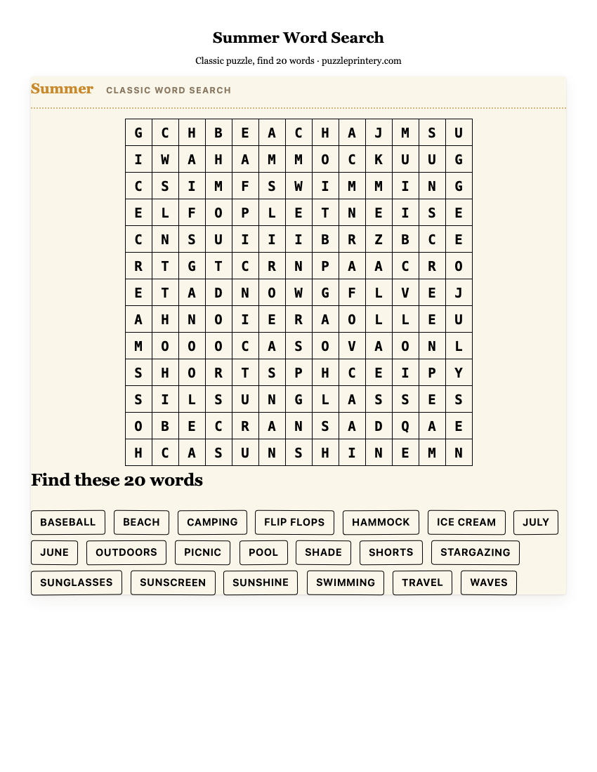 Summer Word Search printable preview