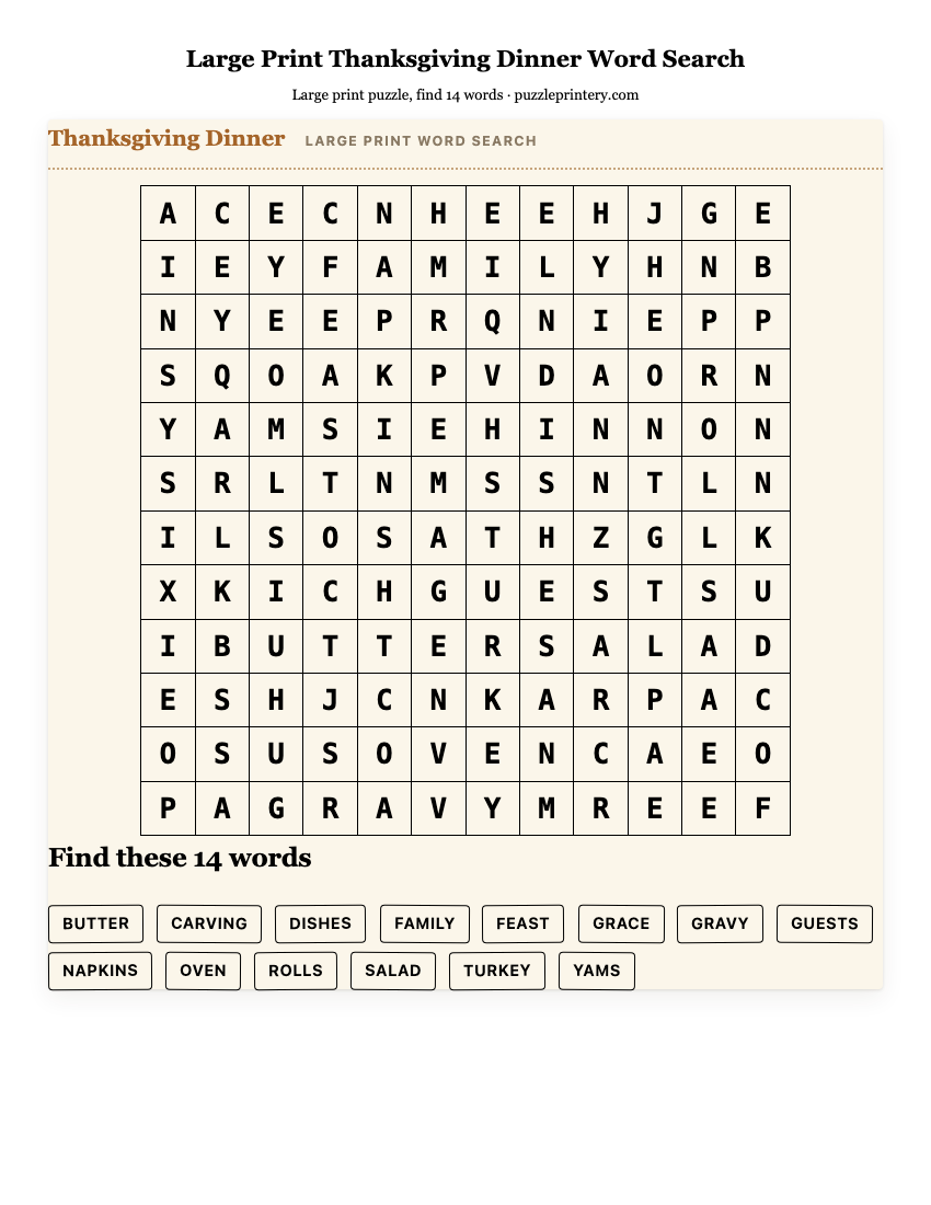 Large Print Thanksgiving Dinner Word Search printable preview