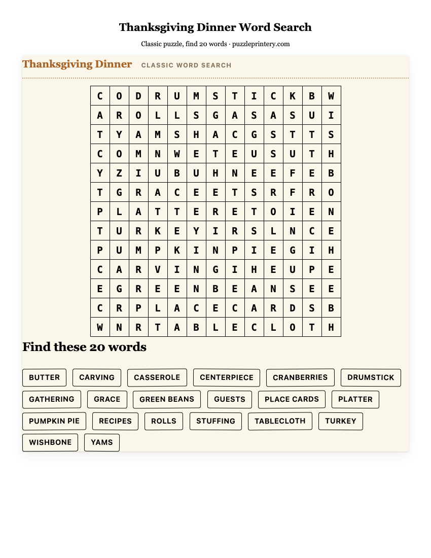 Thanksgiving Dinner Word Search printable preview