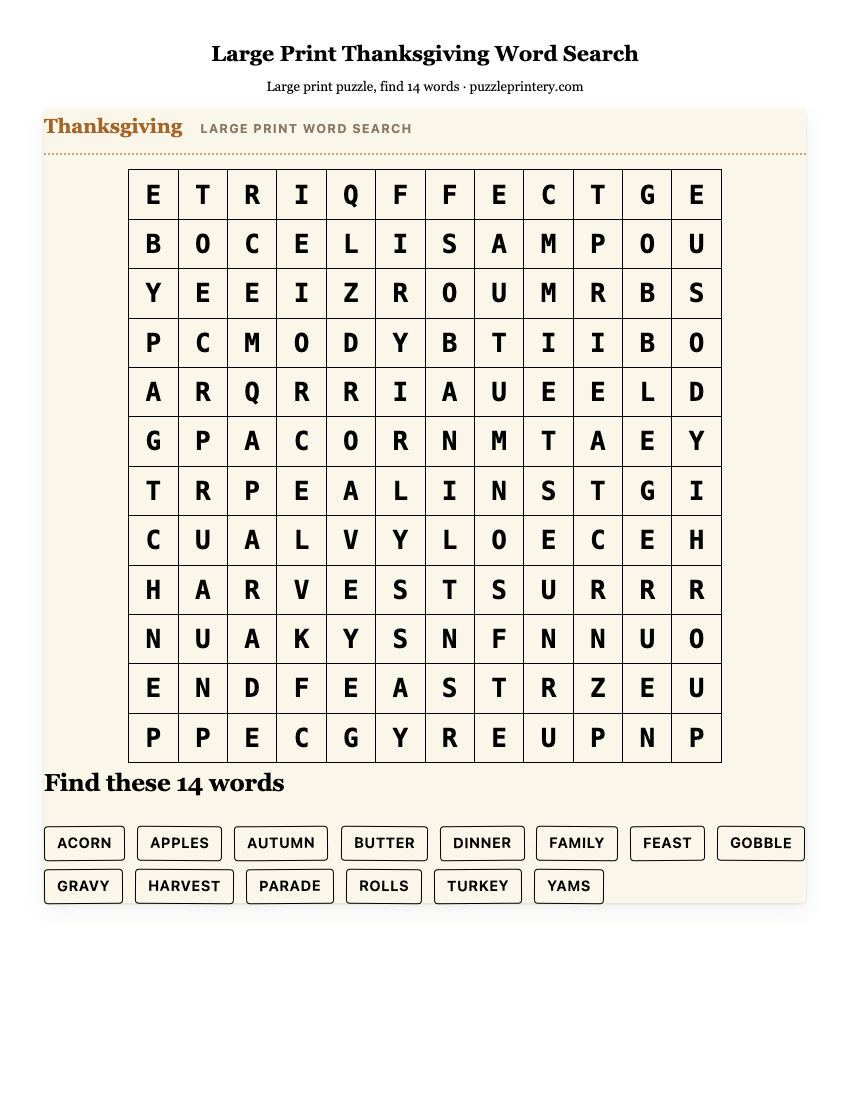 Large Print Thanksgiving Word Search printable preview