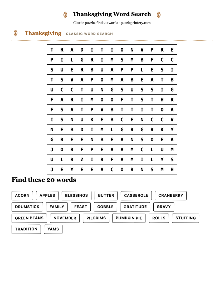 Thanksgiving Word Search printable preview