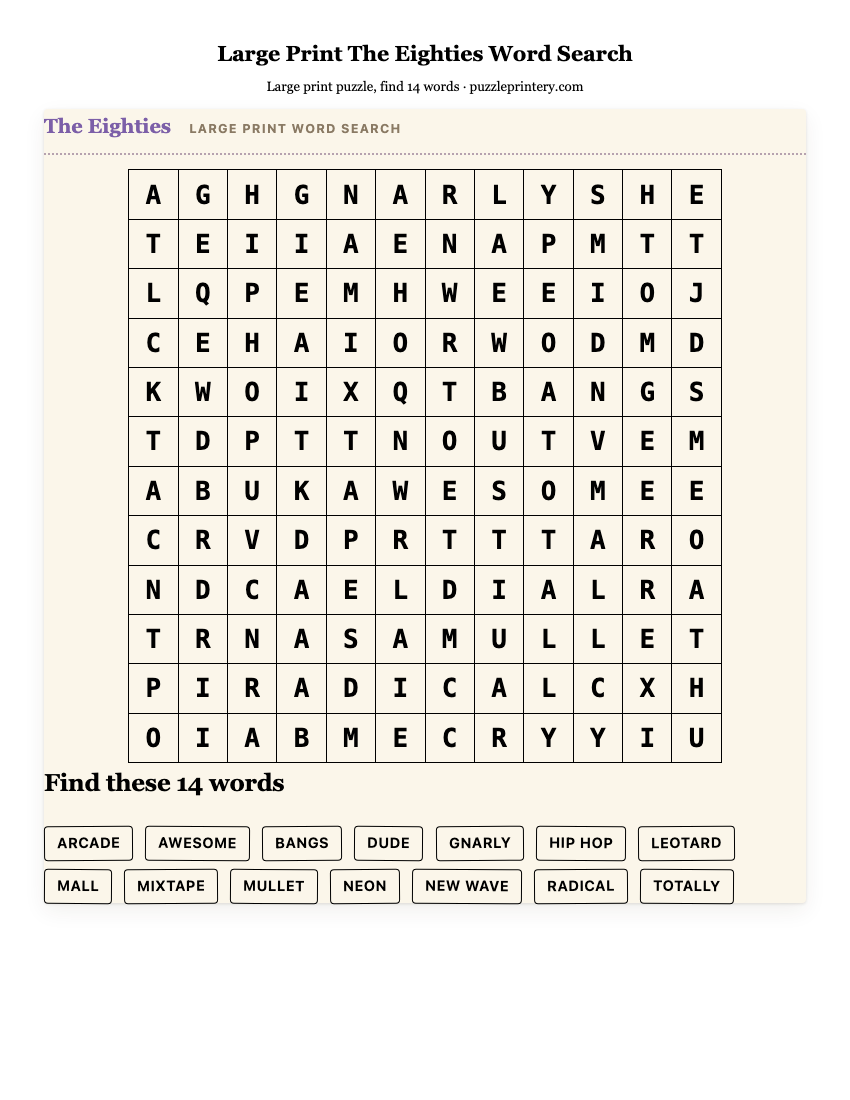 Large Print The Eighties Word Search printable preview