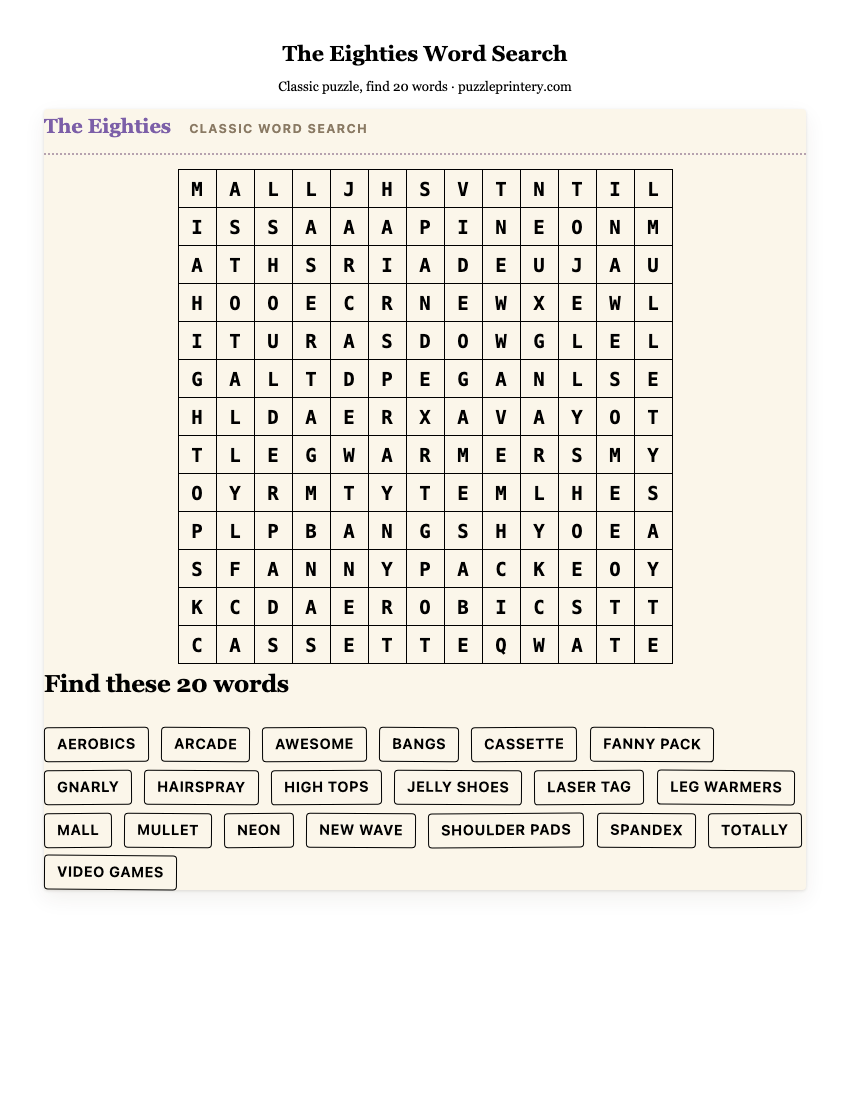 The Eighties Word Search printable preview