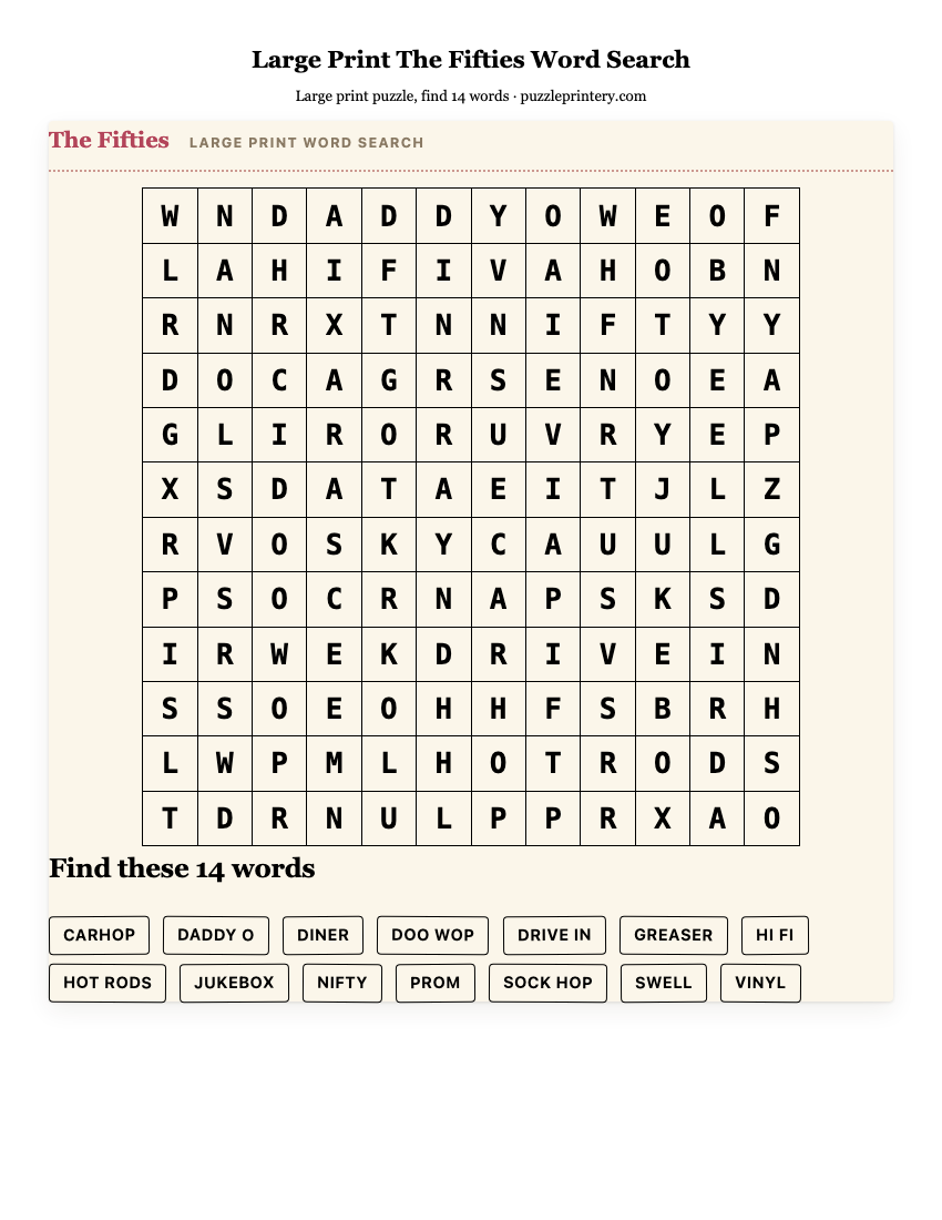 Large Print The Fifties Word Search printable preview