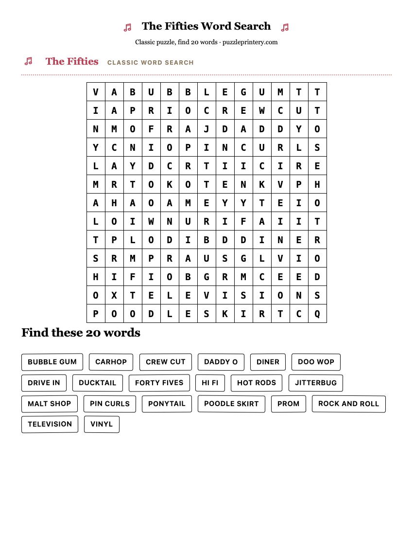 The Fifties Word Search printable preview