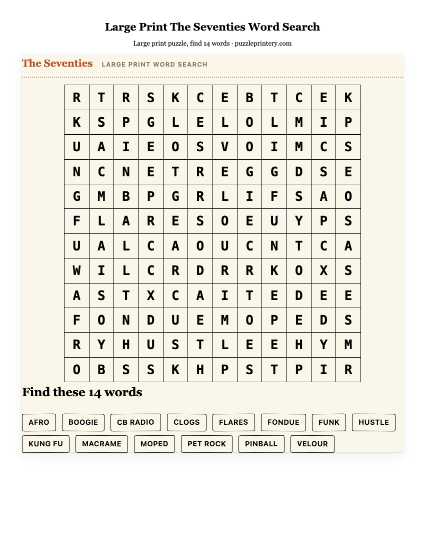 Large Print The Seventies Word Search printable preview
