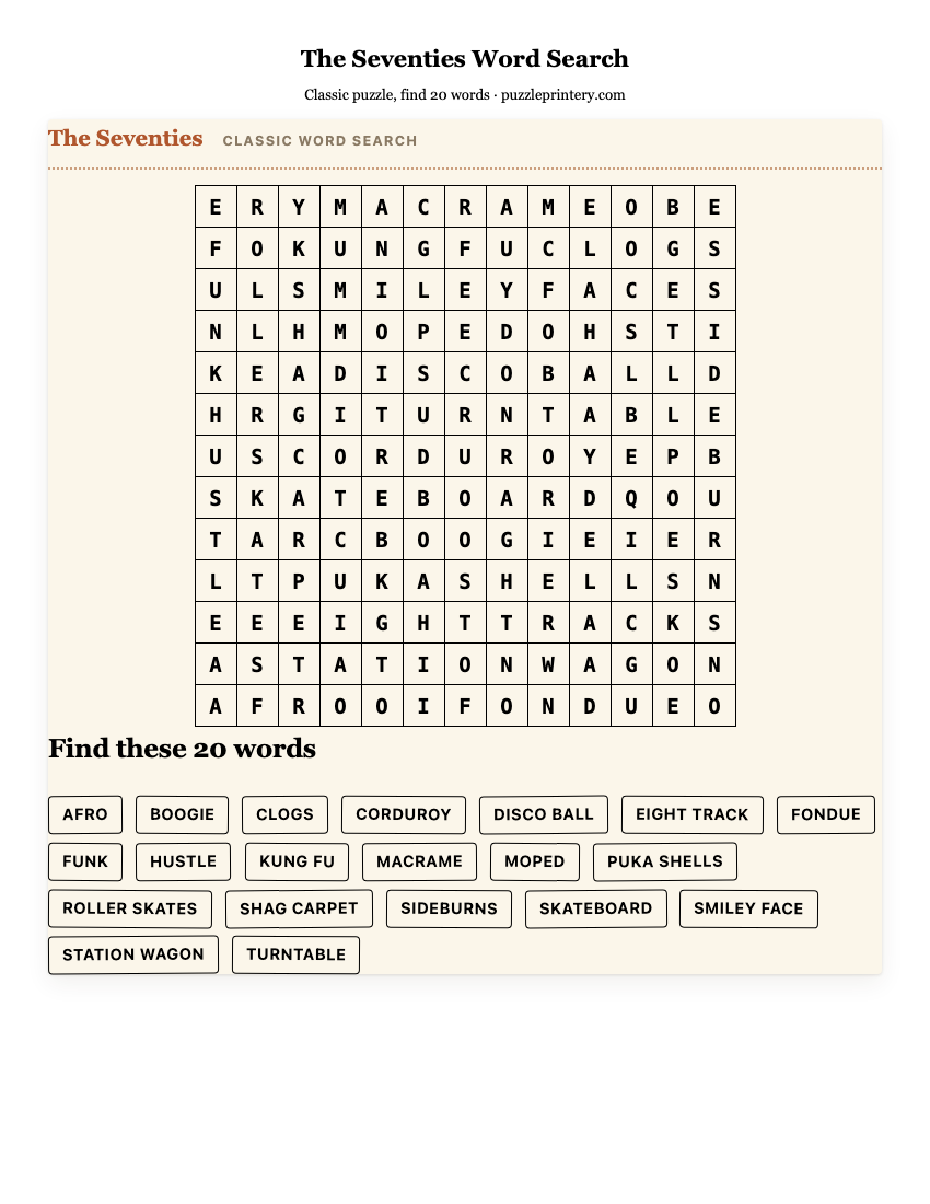 The Seventies Word Search printable preview
