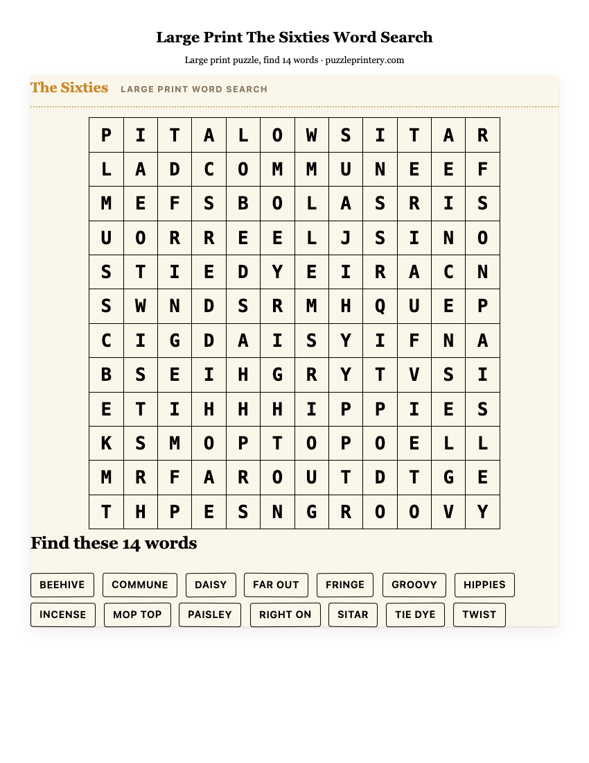 Large Print The Sixties Word Search printable preview