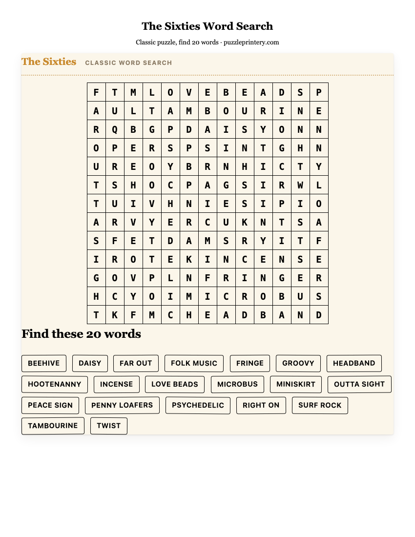 The Sixties Word Search printable preview