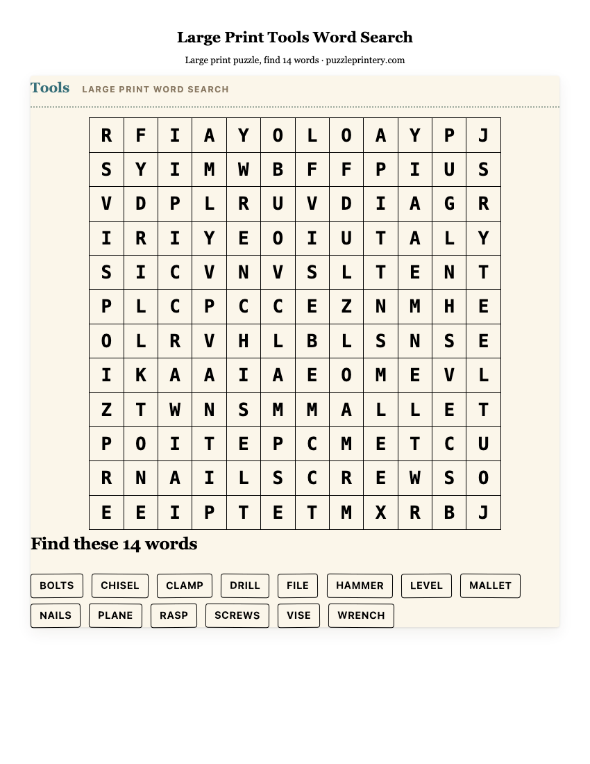 Large Print Tools Word Search printable preview