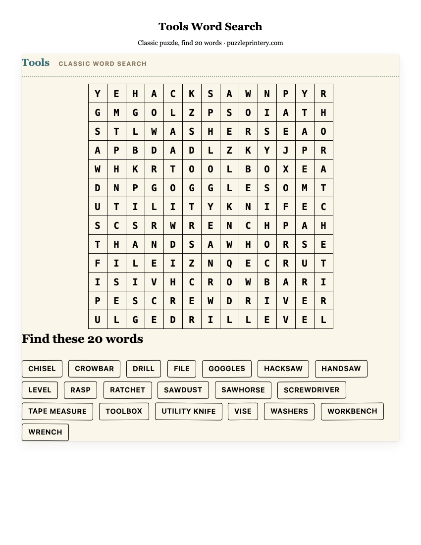 Tools Word Search printable preview