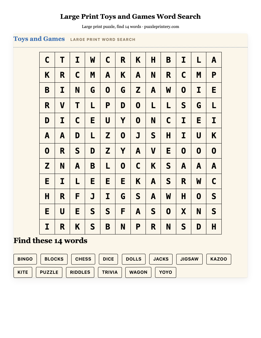 Large Print Toys and Games Word Search printable preview