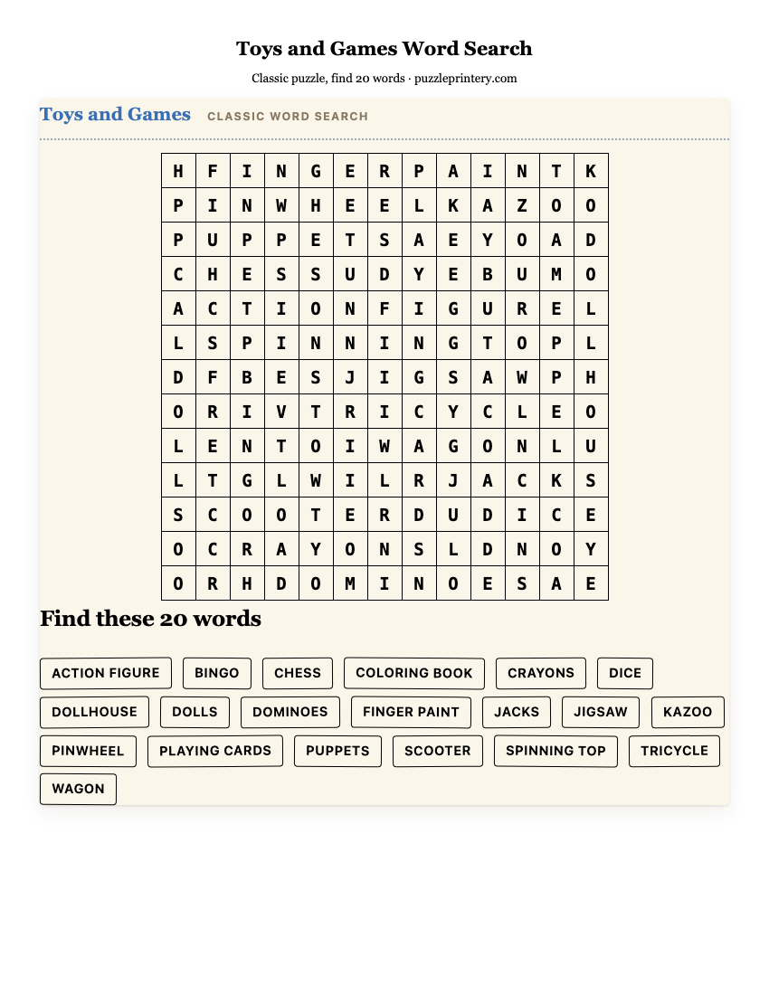 Toys and Games Word Search printable preview
