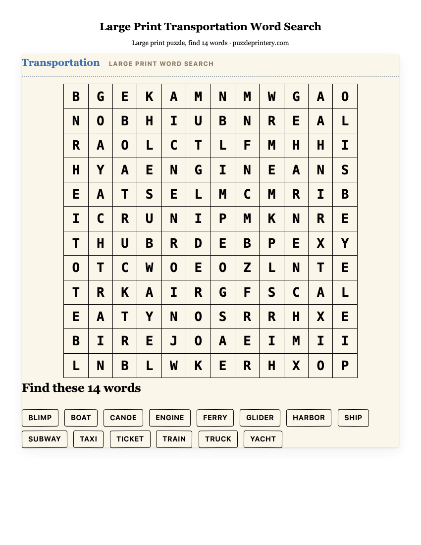 Large Print Transportation Word Search printable preview