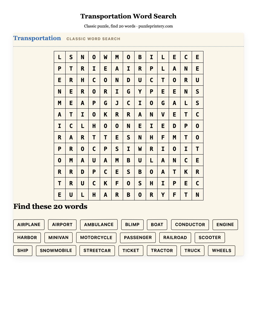 Transportation Word Search printable preview