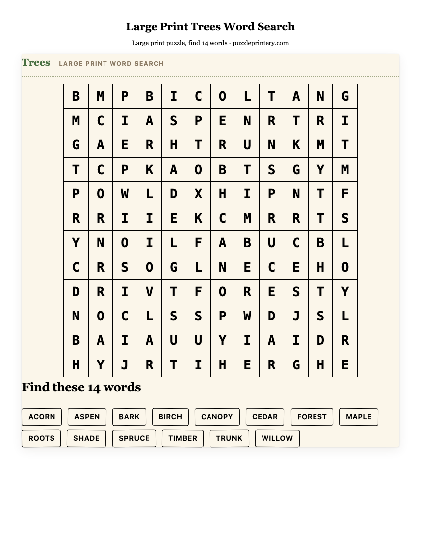 Large Print Trees Word Search printable preview