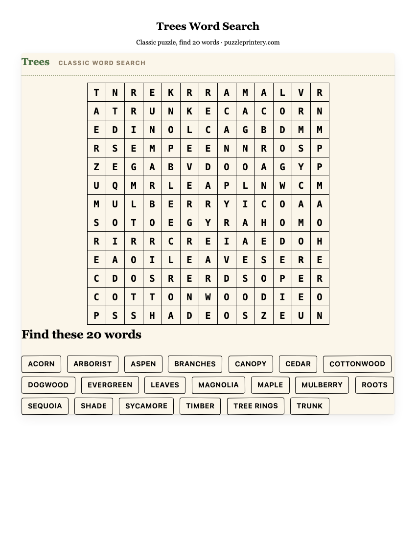 Trees Word Search printable preview
