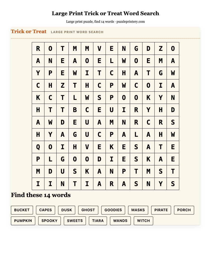 Large Print Trick or Treat Word Search printable preview
