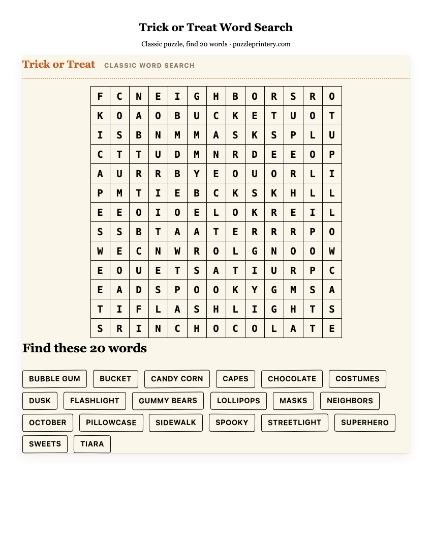 Trick or Treat Word Search printable preview