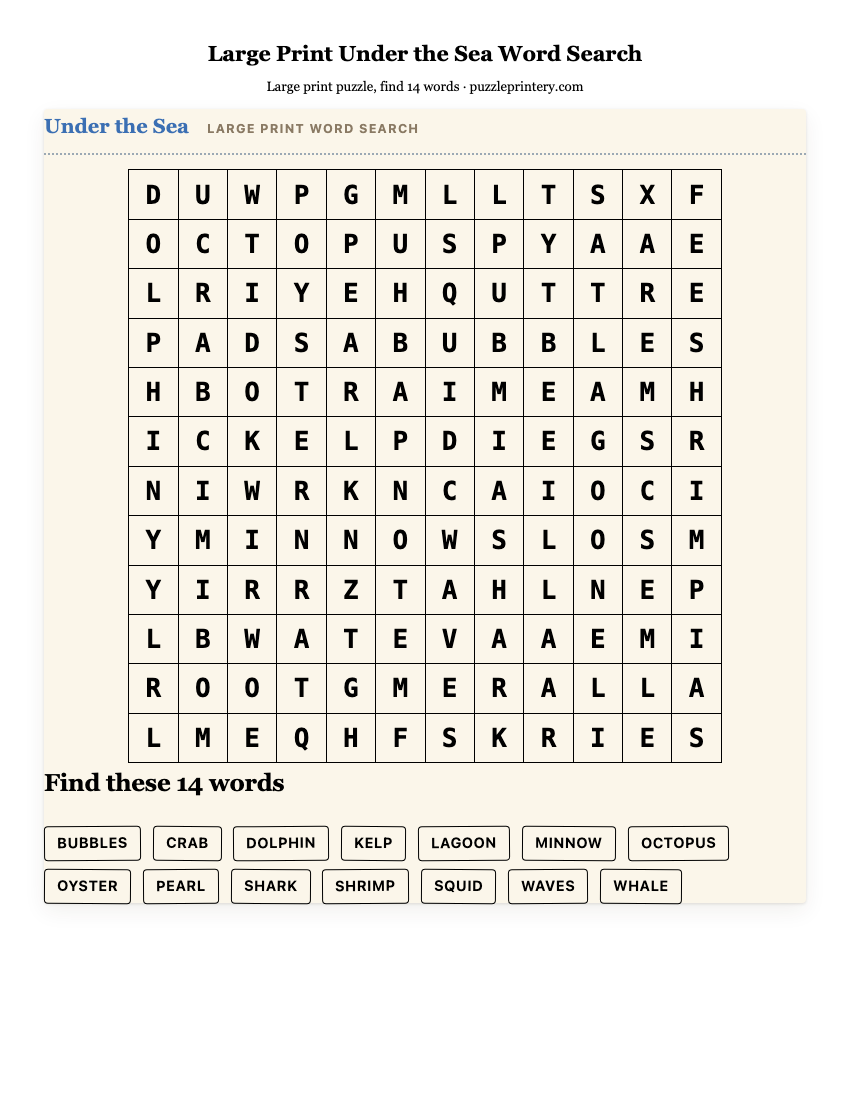 Large Print Under the Sea Word Search printable preview