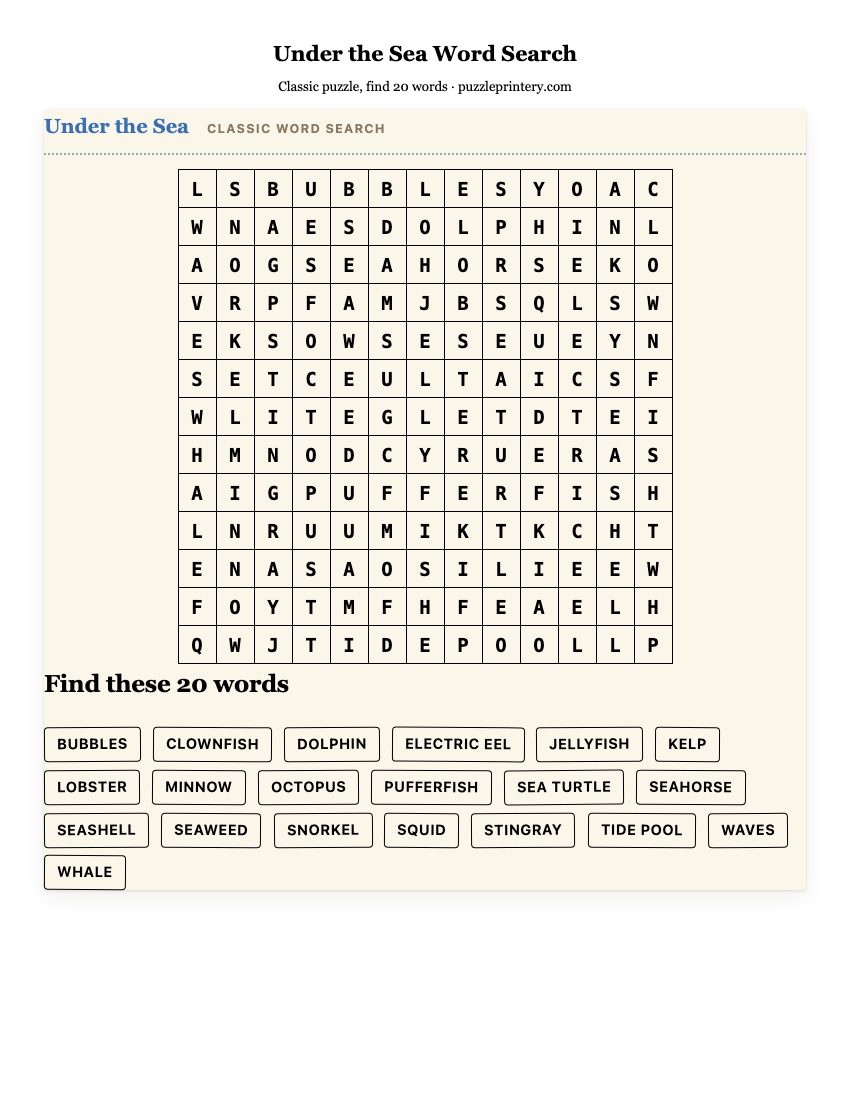 Under the Sea Word Search printable preview