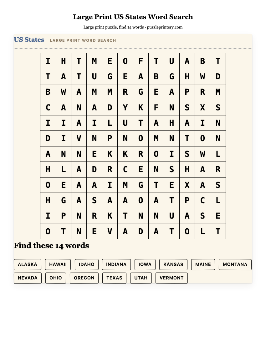 Large Print US States Word Search printable preview