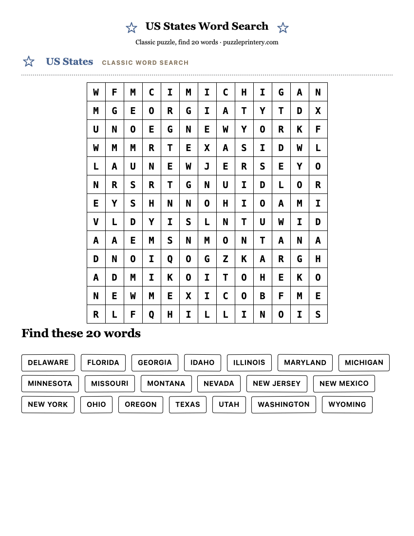 US States Word Search printable preview