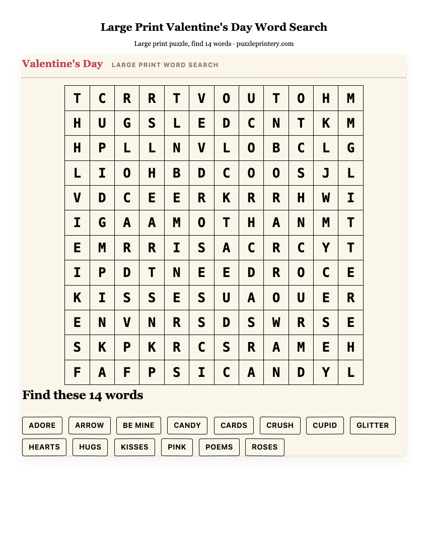 Large Print Valentine's Day Word Search printable preview