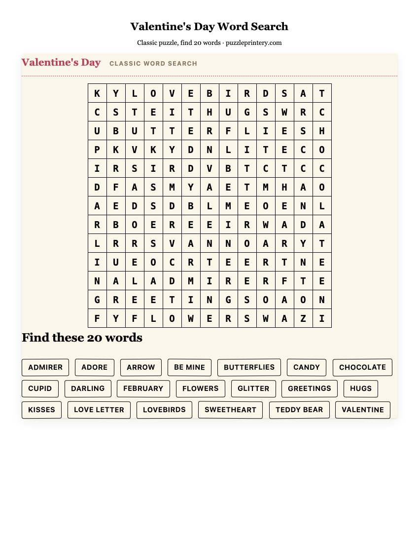 Valentine's Day Word Search printable preview