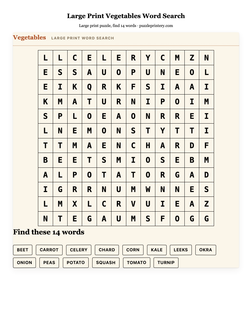 Large Print Vegetables Word Search printable preview