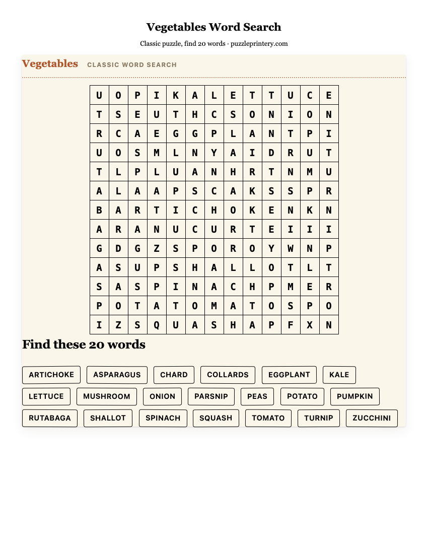 Vegetables Word Search printable preview